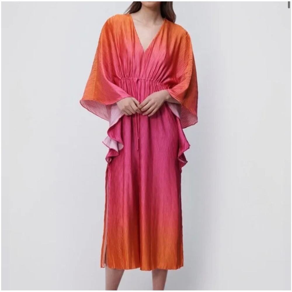 Jonathan Simkhai Augustine Coverup Kaftan Size S Tangerine Pink Pleated Fairy - Picture 1 of 14
